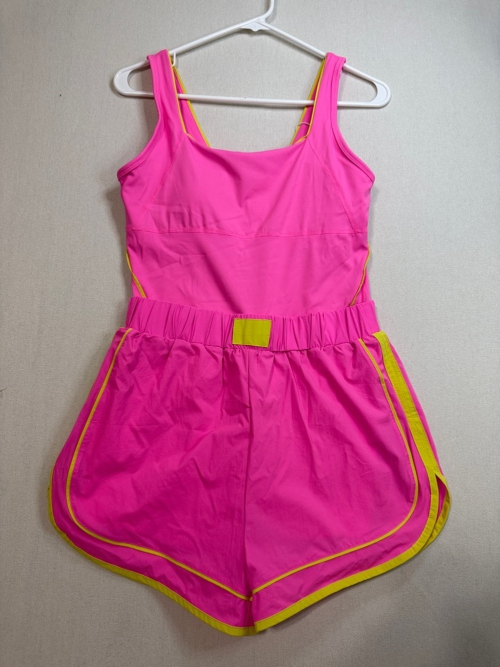 Bright Pink Tank Romper with Yellow Trim - Women's Jumpsuit